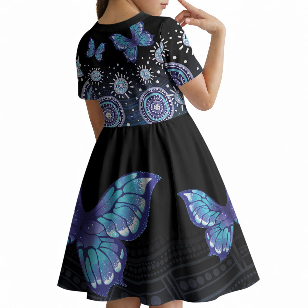 Dreamy Butterfly Collar Australia Purple Teal Hopeful Sky Kid Short Sleeve Dress Indigenous Aboriginal Art
