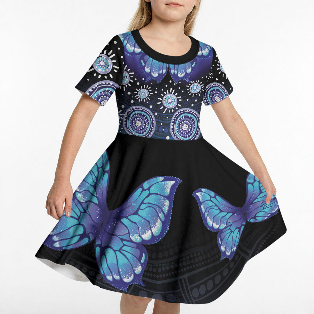 Dreamy Butterfly Collar Australia Purple Teal Hopeful Sky Kid Short Sleeve Dress Indigenous Aboriginal Art