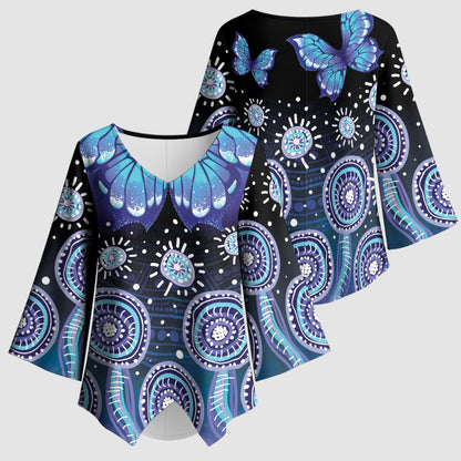 Dreamy Butterfly Collar Australia Purple Teal Hopeful Sky Kimono Sleeve Blouse Indigenous Aboriginal Art