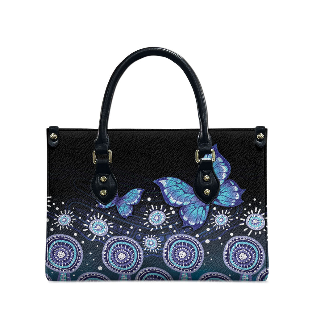Dreamy Butterfly Collar Australia Purple Teal Hopeful Sky Leather Bag Indigenous Aboriginal Art