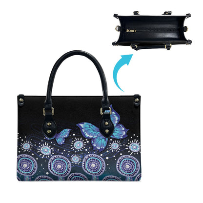 Dreamy Butterfly Collar Australia Purple Teal Hopeful Sky Leather Bag Indigenous Aboriginal Art