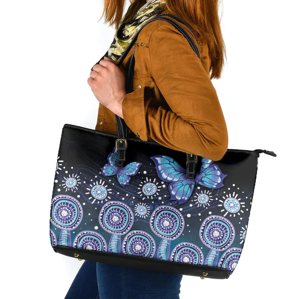Dreamy Butterfly Collar Australia Purple Teal Hopeful Sky Leather Tote Bag Indigenous Aboriginal Art