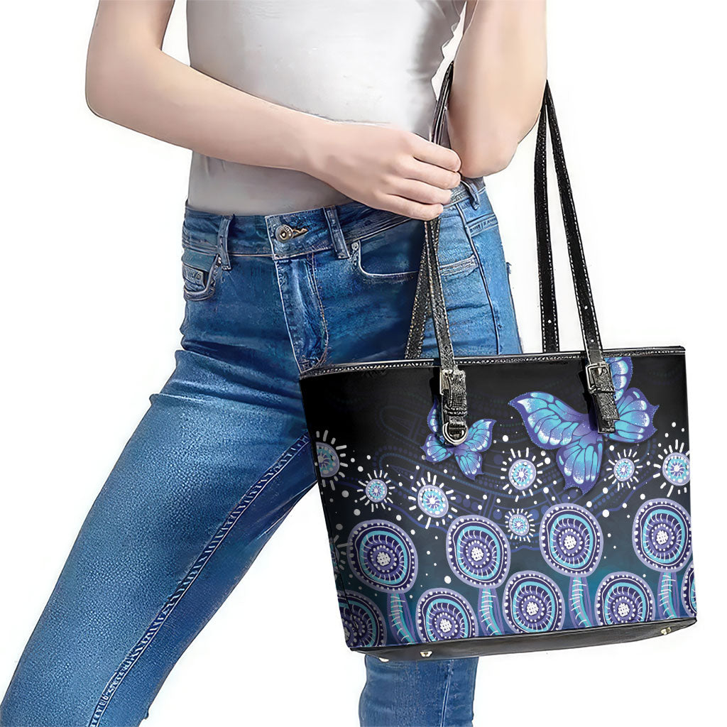 Dreamy Butterfly Collar Australia Purple Teal Hopeful Sky Leather Tote Bag Indigenous Aboriginal Art