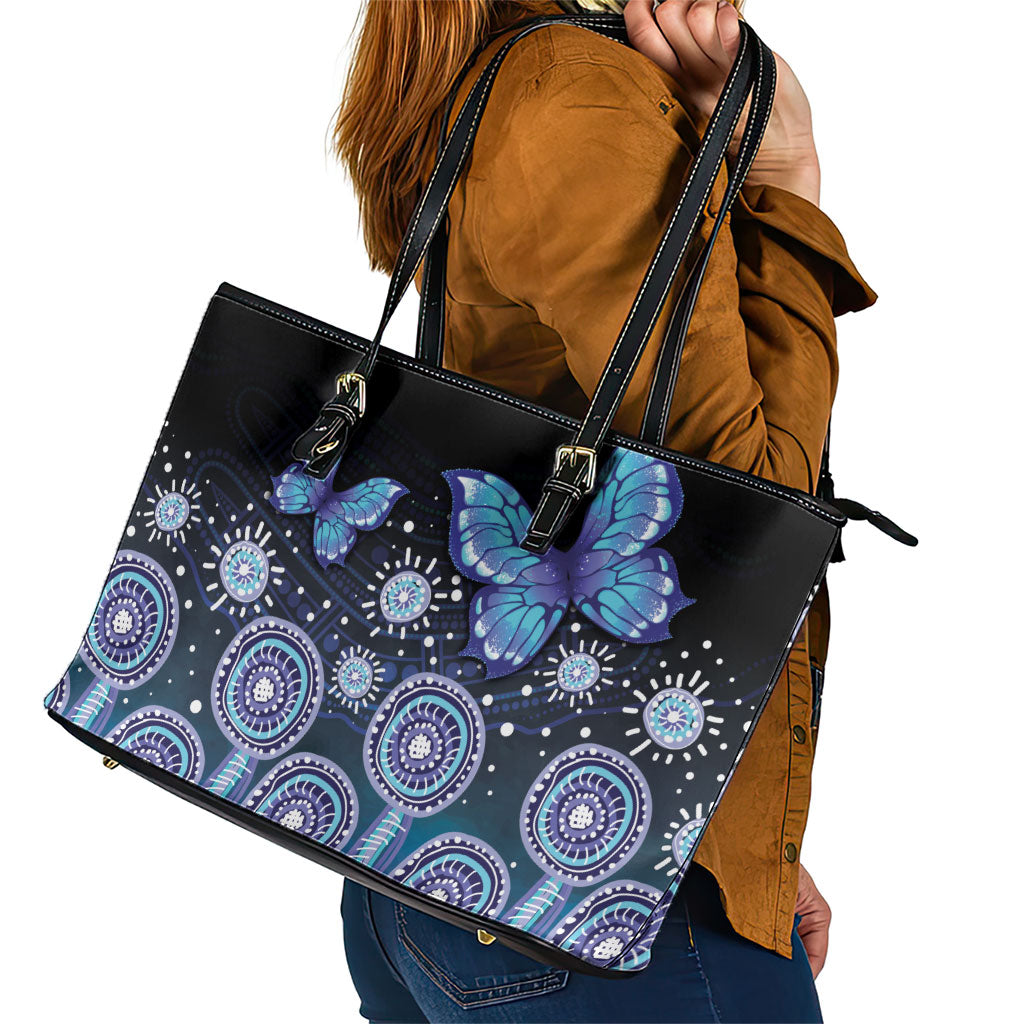 Dreamy Butterfly Collar Australia Purple Teal Hopeful Sky Leather Tote Bag Indigenous Aboriginal Art