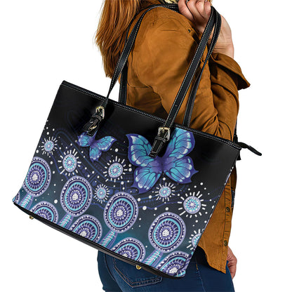 Dreamy Butterfly Collar Australia Purple Teal Hopeful Sky Leather Tote Bag Indigenous Aboriginal Art