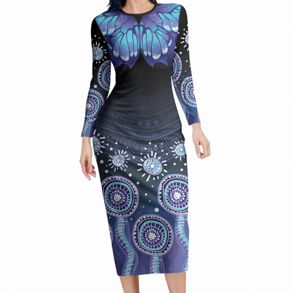 Dreamy Butterfly Collar Australia Purple Teal Hopeful Sky Long Sleeve Bodycon Dress Indigenous Aboriginal Art