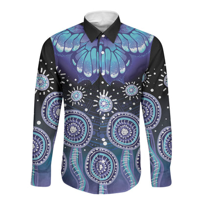 Dreamy Butterfly Collar Australia Purple Teal Hopeful Sky Long Sleeve Button Shirt Indigenous Aboriginal Art