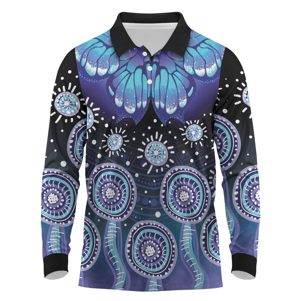 Dreamy Butterfly Collar Australia Purple Teal Hopeful Sky Long Sleeve Polo Shirt Indigenous Aboriginal Art