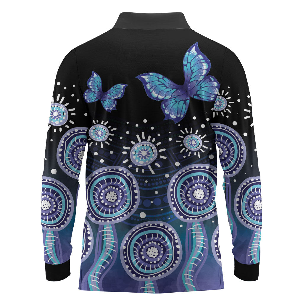 Dreamy Butterfly Collar Australia Purple Teal Hopeful Sky Long Sleeve Polo Shirt Indigenous Aboriginal Art