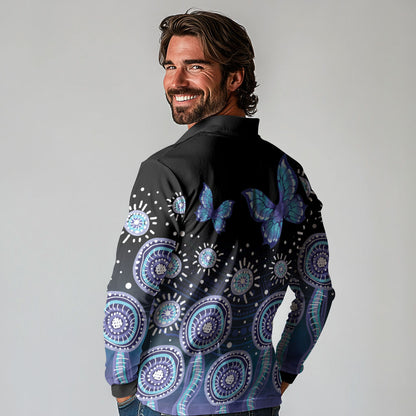 Dreamy Butterfly Collar Australia Purple Teal Hopeful Sky Long Sleeve Polo Shirt Indigenous Aboriginal Art