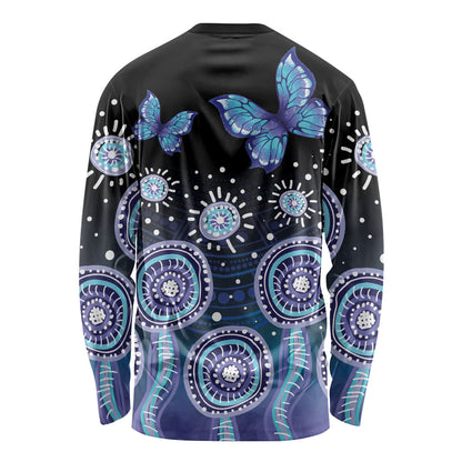 Dreamy Butterfly Collar Australia Purple Teal Hopeful Sky Long Sleeve Shirt Indigenous Aboriginal Art