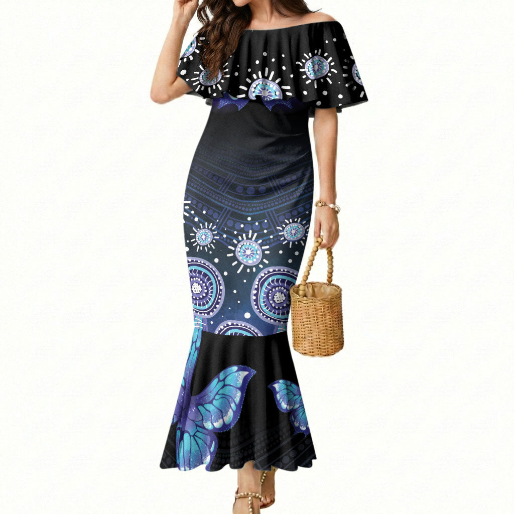 Dreamy Butterfly Collar Australia Purple Teal Hopeful Sky Mermaid Dress Indigenous Aboriginal Art