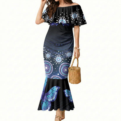 Dreamy Butterfly Collar Australia Purple Teal Hopeful Sky Mermaid Dress Indigenous Aboriginal Art
