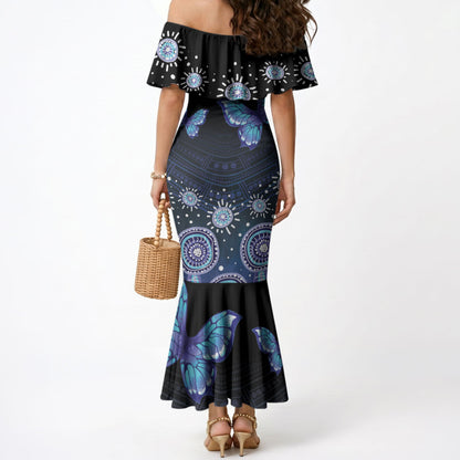 Dreamy Butterfly Collar Australia Purple Teal Hopeful Sky Mermaid Dress Indigenous Aboriginal Art