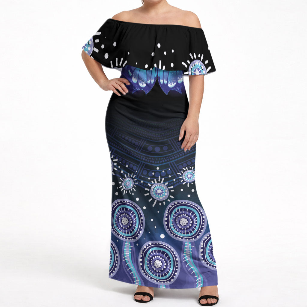 Dreamy Butterfly Collar Australia Purple Teal Hopeful Sky Off Shoulder Maxi Dress Indigenous Aboriginal Art