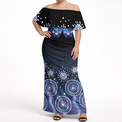 Dreamy Butterfly Collar Australia Purple Teal Hopeful Sky Off Shoulder Maxi Dress Indigenous Aboriginal Art