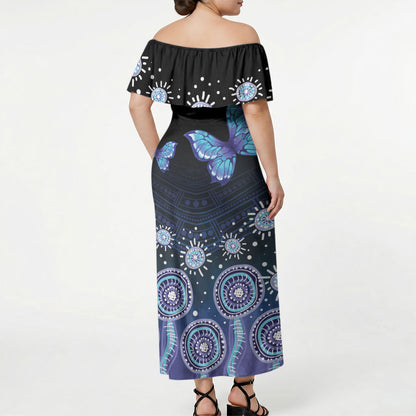 Dreamy Butterfly Collar Australia Purple Teal Hopeful Sky Off Shoulder Maxi Dress Indigenous Aboriginal Art