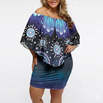 Dreamy Butterfly Collar Australia Purple Teal Hopeful Sky Off Shoulder Short Dress Indigenous Aboriginal Art