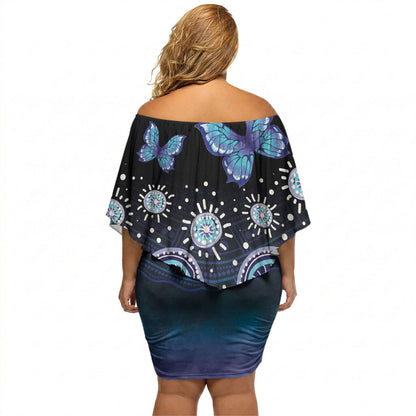 Dreamy Butterfly Collar Australia Purple Teal Hopeful Sky Off Shoulder Short Dress Indigenous Aboriginal Art