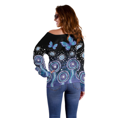 Dreamy Butterfly Collar Australia Purple Teal Hopeful Sky Off Shoulder Sweater Indigenous Aboriginal Art