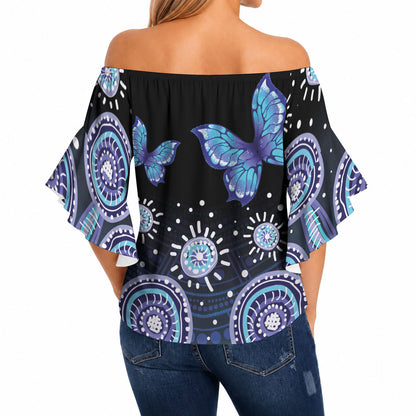 Dreamy Butterfly Collar Australia Purple Teal Hopeful Sky Off Shoulder Wrap Waist Top Indigenous Aboriginal Art