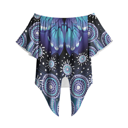 Dreamy Butterfly Collar Australia Purple Teal Hopeful Sky Off Shoulder Wrap Waist Top Indigenous Aboriginal Art