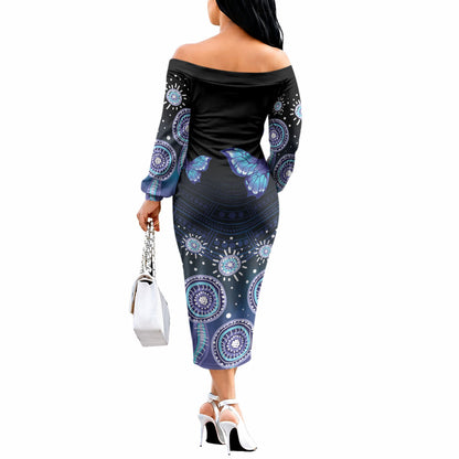 Dreamy Butterfly Collar Australia Purple Teal Hopeful Sky Off The Shoulder Long Sleeve Dress Indigenous Aboriginal Art