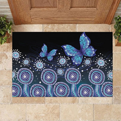 Dreamy Butterfly Collar Australia Purple Teal Hopeful Sky Rubber Doormat Indigenous Aboriginal Art