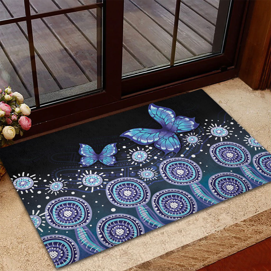 Dreamy Butterfly Collar Australia Purple Teal Hopeful Sky Rubber Doormat Indigenous Aboriginal Art