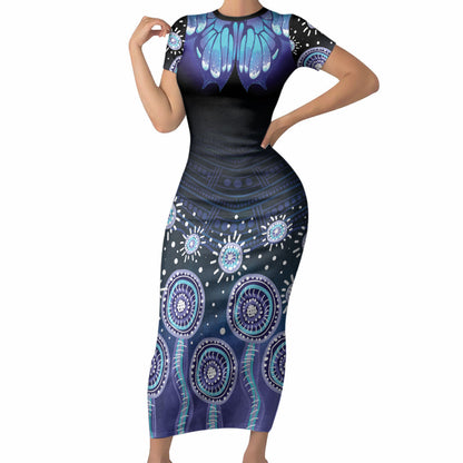 Dreamy Butterfly Collar Australia Purple Teal Hopeful Sky Short Sleeve Bodycon Dress Indigenous Aboriginal Art