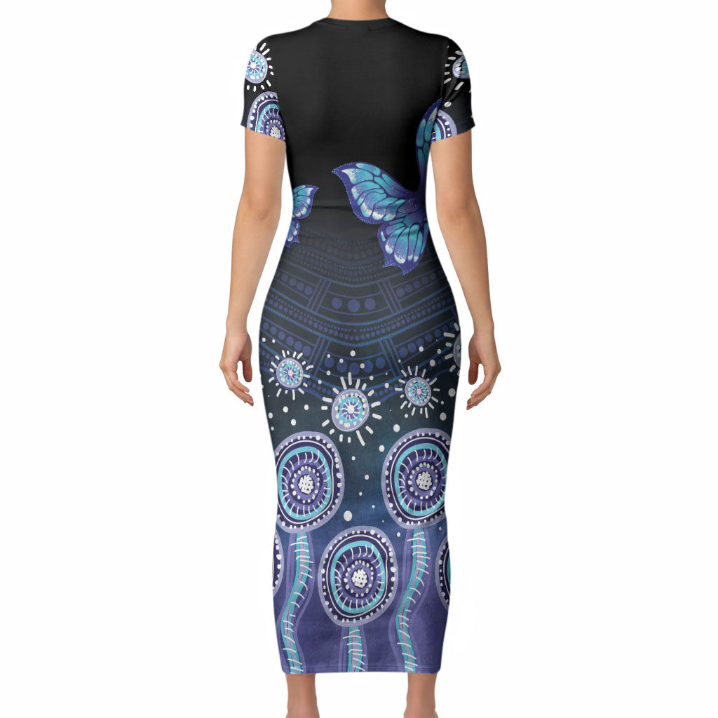 Dreamy Butterfly Collar Australia Purple Teal Hopeful Sky Short Sleeve Bodycon Dress Indigenous Aboriginal Art