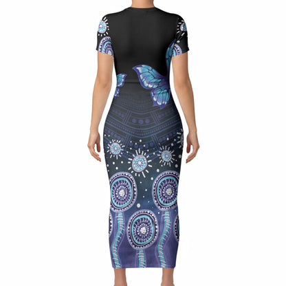 Dreamy Butterfly Collar Australia Purple Teal Hopeful Sky Short Sleeve Bodycon Dress Indigenous Aboriginal Art