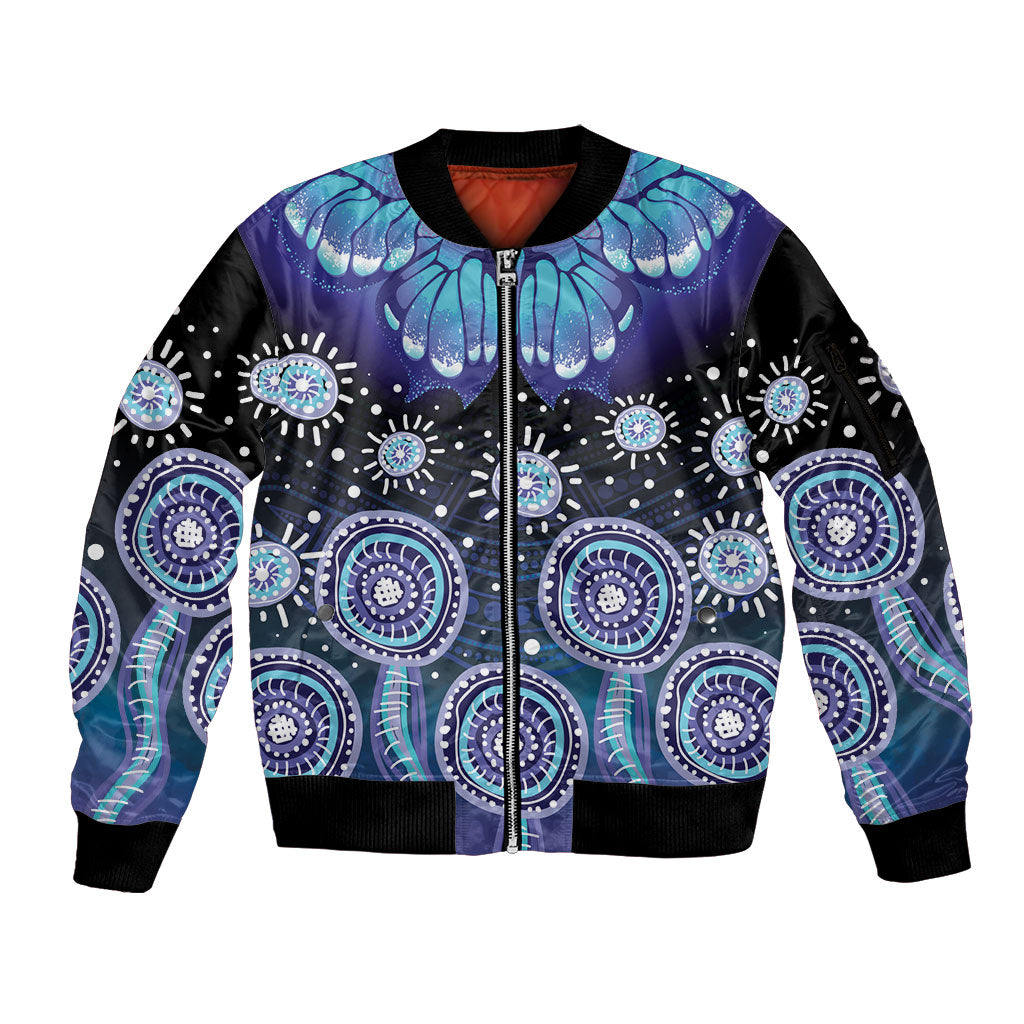 Dreamy Butterfly Collar Australia Purple Teal Hopeful Sky Sleeve Zip Bomber Jacket Indigenous Aboriginal Art