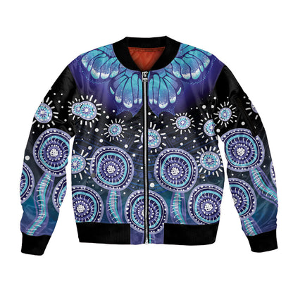 Dreamy Butterfly Collar Australia Purple Teal Hopeful Sky Sleeve Zip Bomber Jacket Indigenous Aboriginal Art