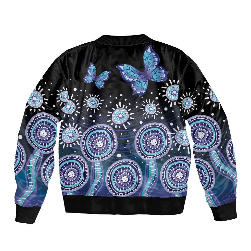 Dreamy Butterfly Collar Australia Purple Teal Hopeful Sky Sleeve Zip Bomber Jacket Indigenous Aboriginal Art