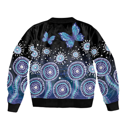 Dreamy Butterfly Collar Australia Purple Teal Hopeful Sky Sleeve Zip Bomber Jacket Indigenous Aboriginal Art