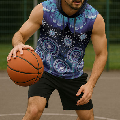 Dreamy Butterfly Collar Australia Purple Teal Hopeful Sky Sleeveless Hoodie Indigenous Aboriginal Art