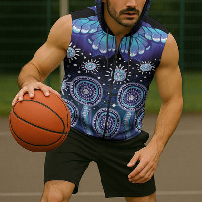Dreamy Butterfly Collar Australia Purple Teal Hopeful Sky Sleeveless Zip Hoodie Indigenous Aboriginal Art