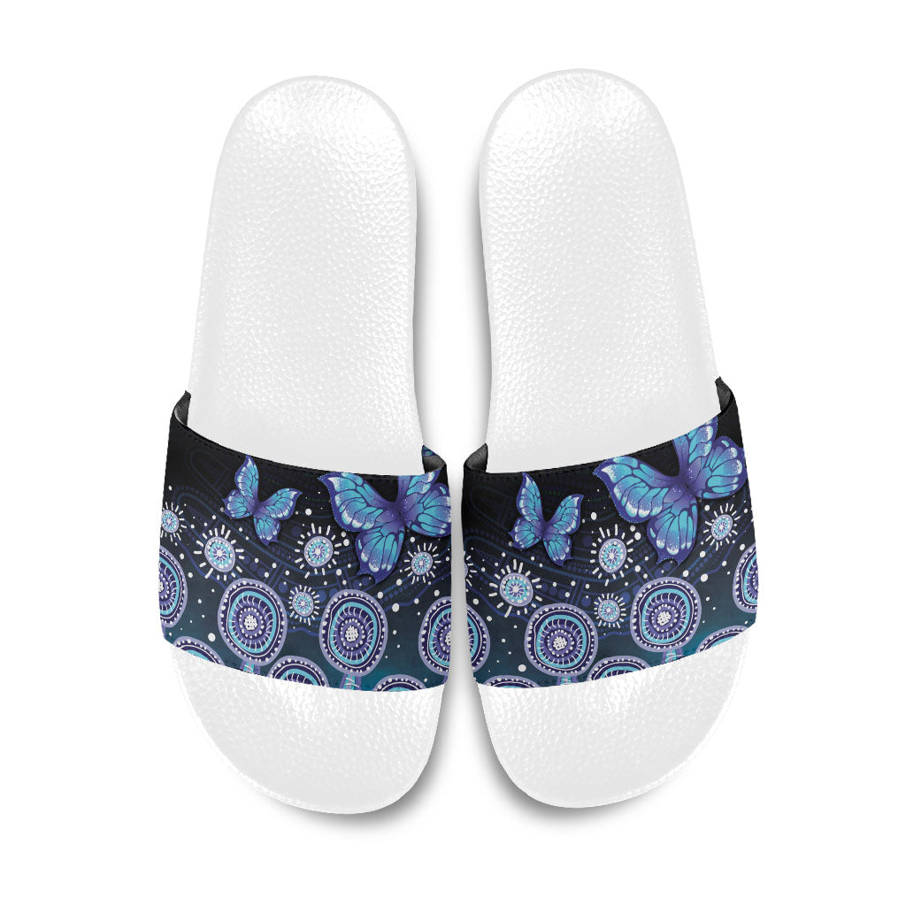 Dreamy Butterfly Collar Australia Purple Teal Hopeful Sky Slide Sandals Indigenous Aboriginal Art