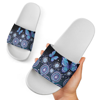 Dreamy Butterfly Collar Australia Purple Teal Hopeful Sky Slide Sandals Indigenous Aboriginal Art