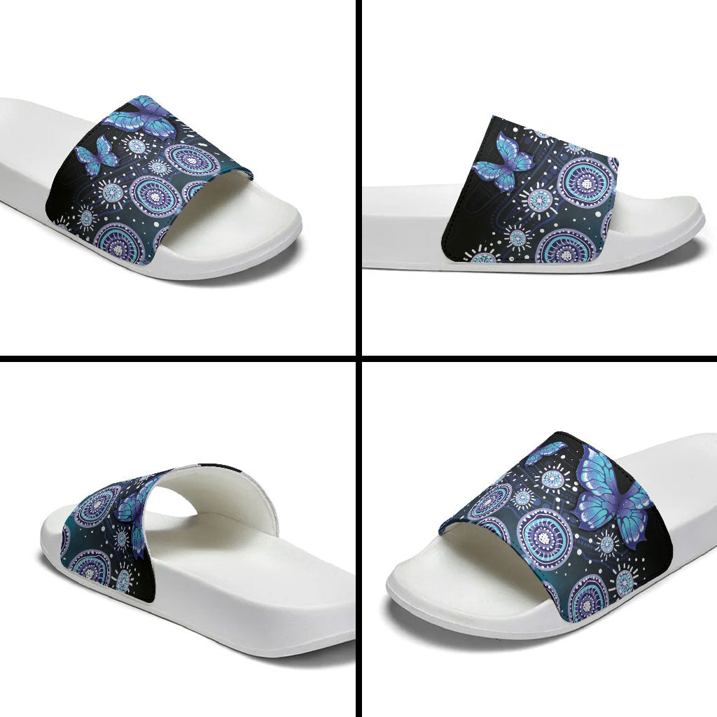 Dreamy Butterfly Collar Australia Purple Teal Hopeful Sky Slide Sandals Indigenous Aboriginal Art