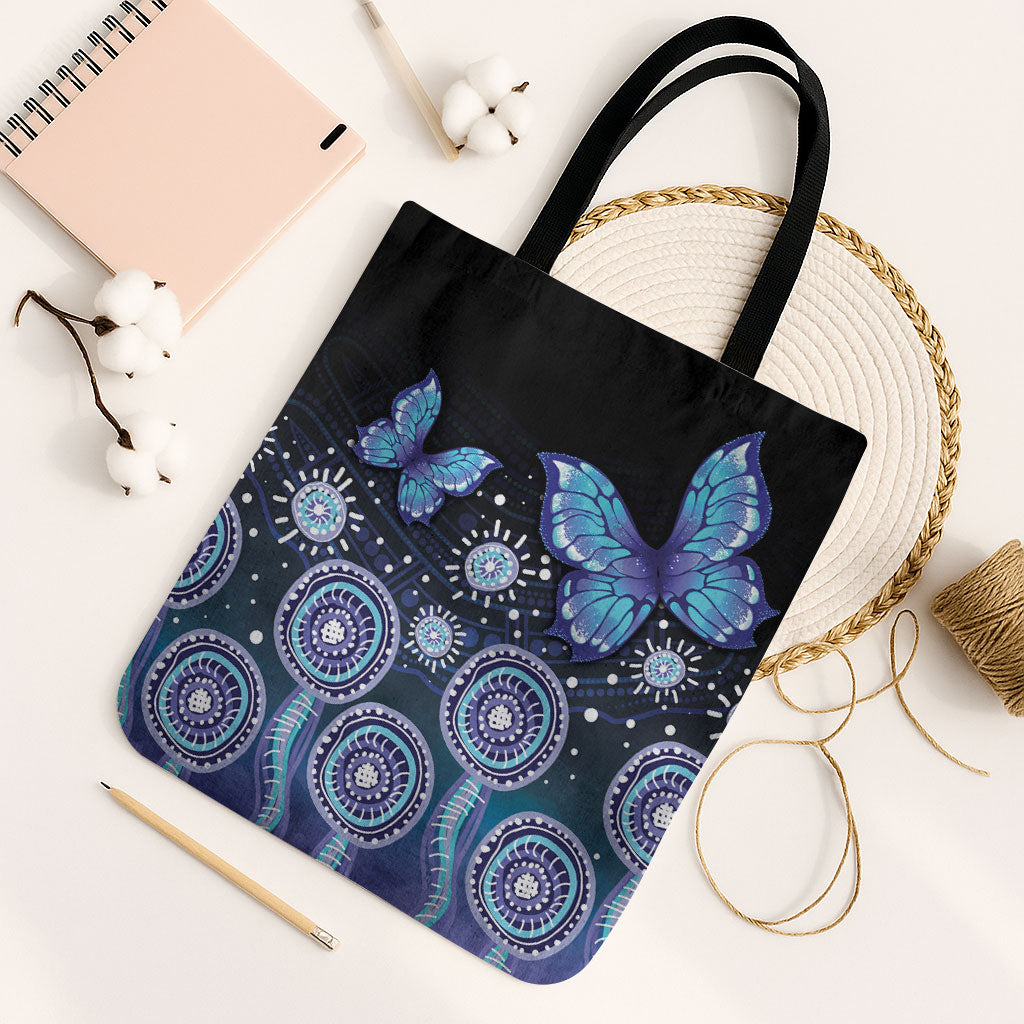 Dreamy Butterfly Collar Australia Purple Teal Hopeful Sky Tote Bag Indigenous Aboriginal Art