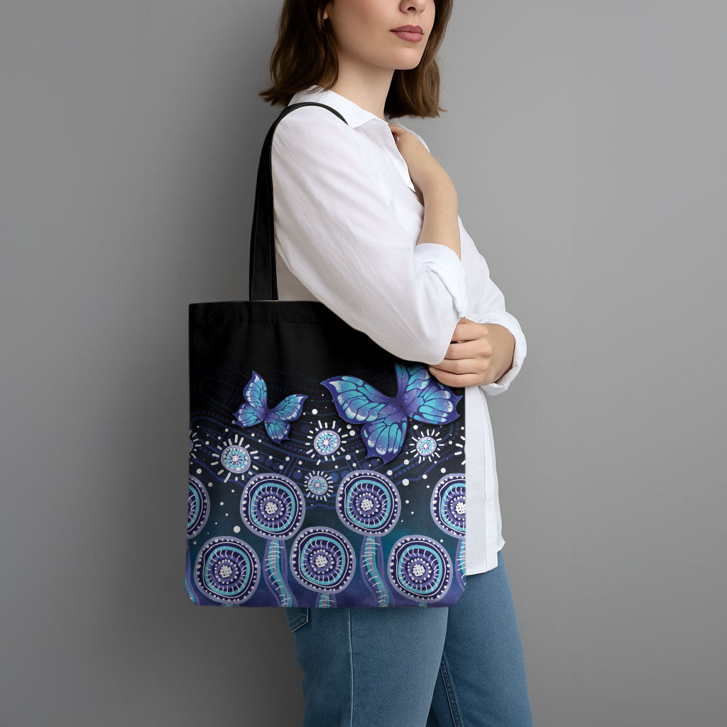 Dreamy Butterfly Collar Australia Purple Teal Hopeful Sky Tote Bag Indigenous Aboriginal Art