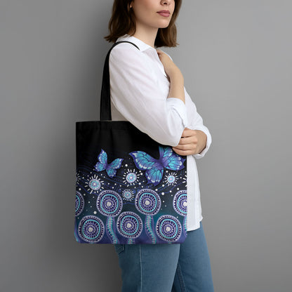 Dreamy Butterfly Collar Australia Purple Teal Hopeful Sky Tote Bag Indigenous Aboriginal Art