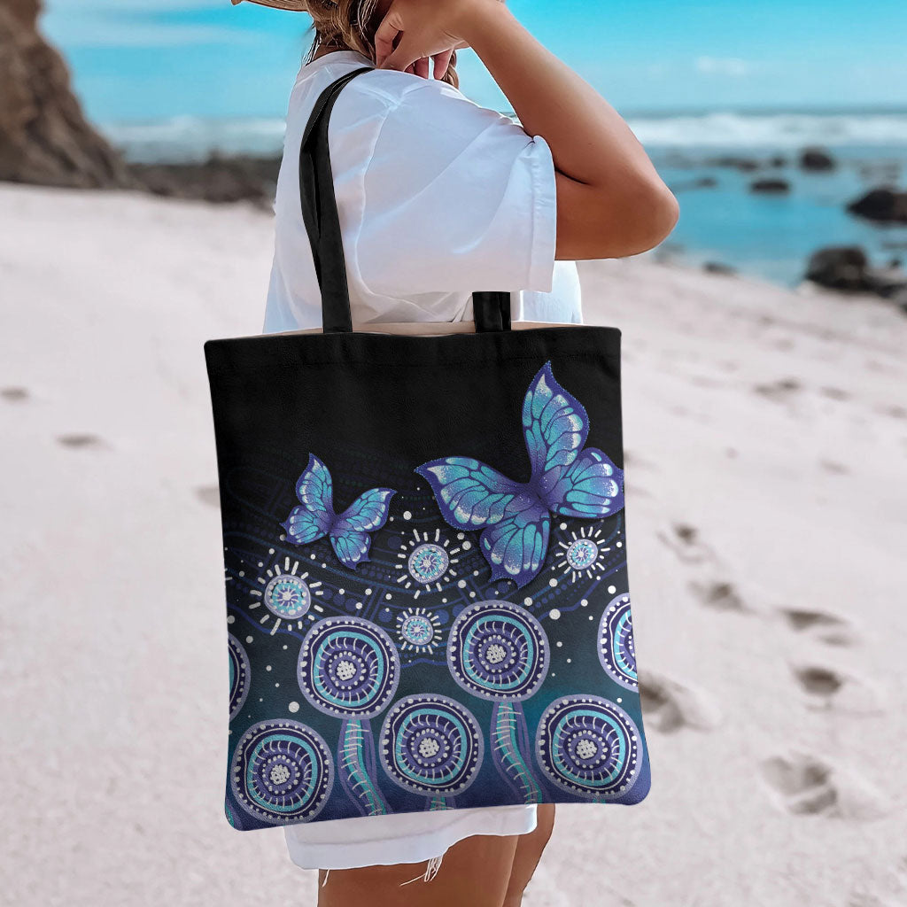 Dreamy Butterfly Collar Australia Purple Teal Hopeful Sky Tote Bag Indigenous Aboriginal Art