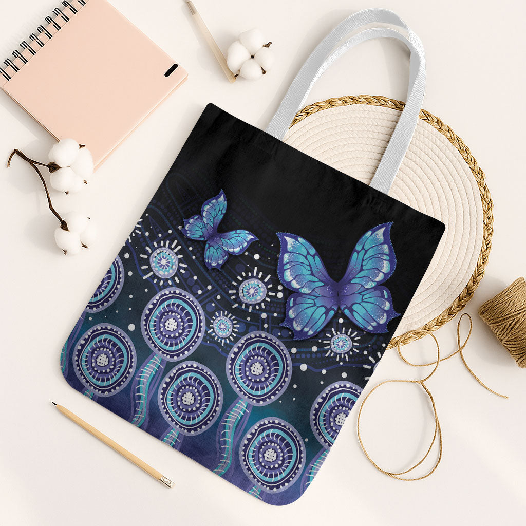 Dreamy Butterfly Collar Australia Purple Teal Hopeful Sky Tote Bag Indigenous Aboriginal Art
