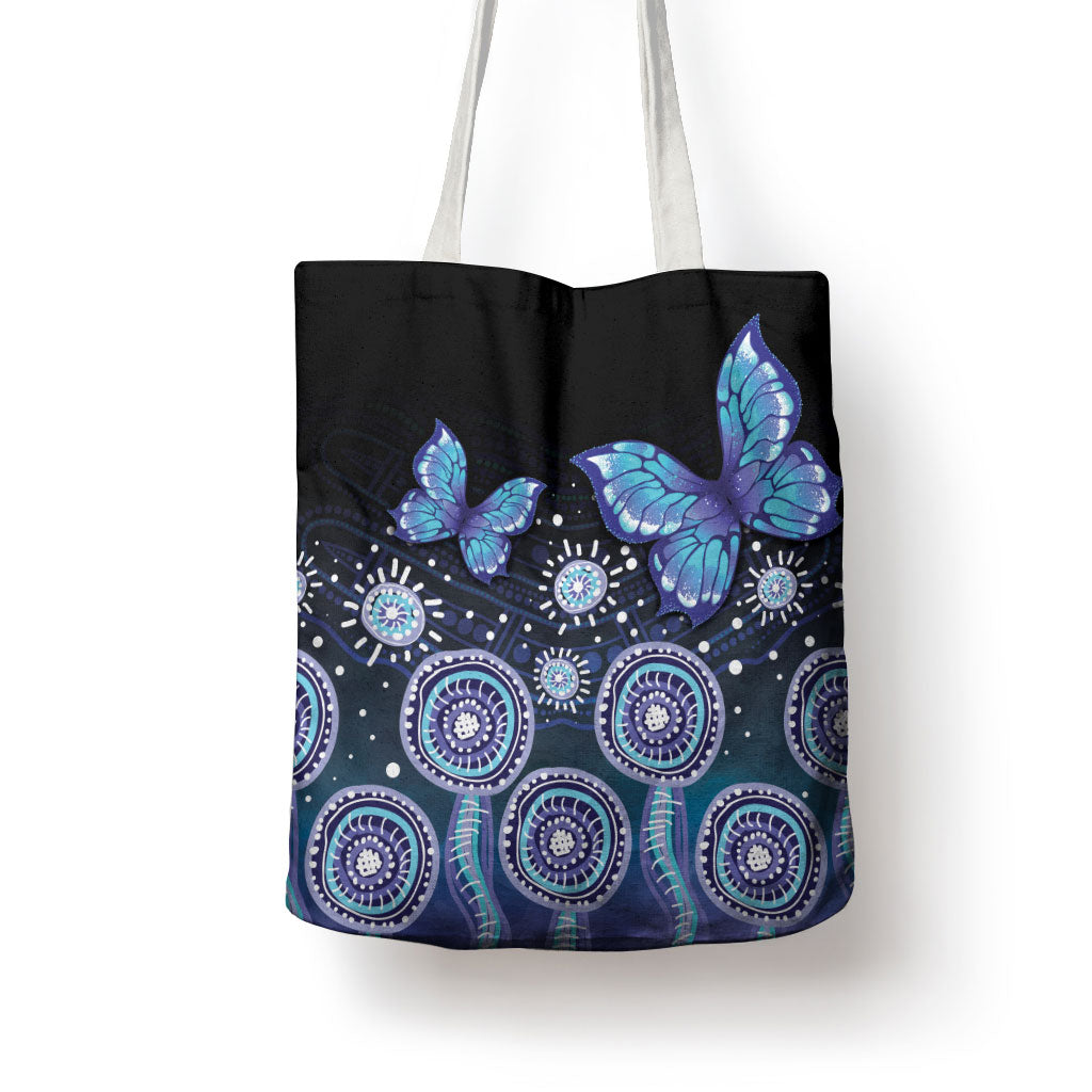 Dreamy Butterfly Collar Australia Purple Teal Hopeful Sky Tote Bag Indigenous Aboriginal Art
