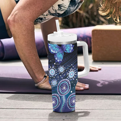 Dreamy Butterfly Collar Australia Purple Teal Hopeful Sky Tumbler With Handle Indigenous Aboriginal Art