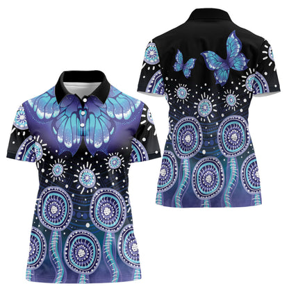 Dreamy Butterfly Collar Australia Purple Teal Hopeful Sky Women Polo Shirt Indigenous Aboriginal Art