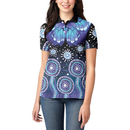 Dreamy Butterfly Collar Australia Purple Teal Hopeful Sky Women Polo Shirt Indigenous Aboriginal Art